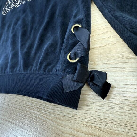 Juicy Couture Sweatshirt Girls Size 6 Black Velour Sweater Ribbon Embellished - Picture 4 of 9